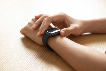 Man hand use smartwatch. Modern gadget that lets you always stay connected to internet