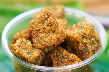 Close up of Steamed dumpling stuffed with garlic chives, Taro, yam and bamboo thai street food market