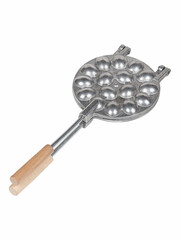 Aluminum frying pan mold for baking cookies with long wooden handle isolated on white background