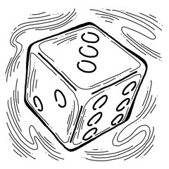 Game dice to try your luck, fortune. Risky funny activity, casino, bet, gambling, addiction, win or lose. Hand drawing retro vintage illustration. Old style black line drawing.
