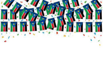 South Sudan flag garland background with confetti, Hang bunting for independence Day celebration template banner, Vector illustration