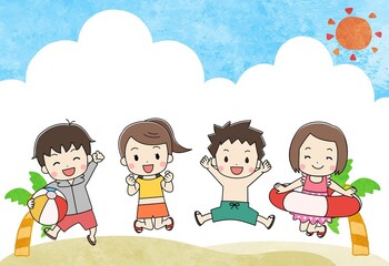 海水浴で水着を着た子供たちのイラスト　線あり
