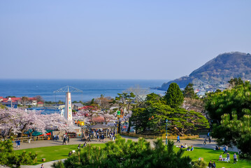 Hakodate,Hokkaido,Japan on April 29,2018: Panoramic view as seen from Meiji-Yama Artificial Mountain in Hakodate Park in spring