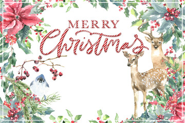 Watercolor Woodland Merry Christmas card design iillustration,Cute Drawing Christmas decoration for greeting card, poster, invitation, baby shower Merry Christmas,New Year, holiday printable diy
