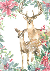 Watercolor Woodland deer, bird Merry Christmas card design iillustration,Cute Drawing Christmas  decoration for greeting card, poster, invitation, baby shower Merry Christmas,New Year, holiday