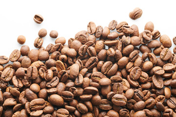 Roasted coffee beans isolated close up on white background, clipping path