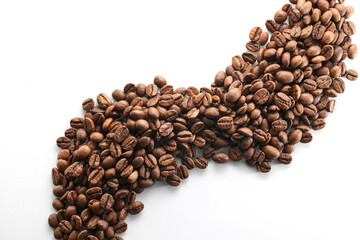 Roasted coffee beans isolated close up on white background, clipping path