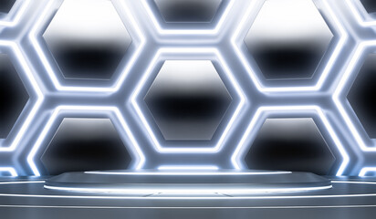 Futuristic Sci Fi Empty Stage with hexagon neon Glowing Lights. Abstract Background. 3D Rendering.