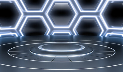 Futuristic Sci Fi Empty Stage with hexagon neon Glowing Lights. Abstract Background. 3D Rendering.