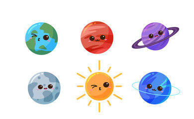Set of kawaii cute planet character for kids baby education solar system © liya