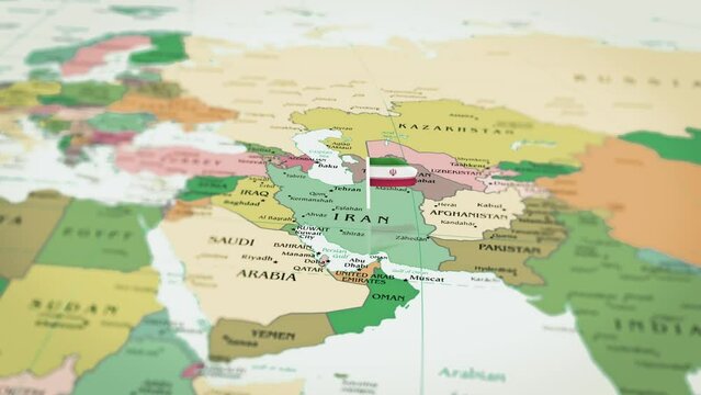 The camera rotating around Iranian on the world map takes the focus. The Iranian flag is waving. 4K Flag Animation.