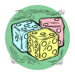 Game dice to try your luck, fortune. Risky funny activity, casino, bet, gambling, addiction, win or lose. Hand drawing retro vintage colorful illustration. Old style comic cartoon line drawing.