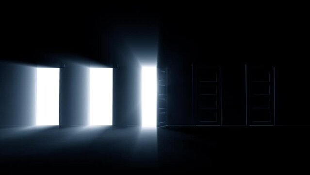 Opening doors in glowing world. 5 door on a black background side by side opening true path. 3d render