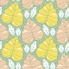 Fototapeta na wymiar Colorful Summer Vector pattern with palm leaves and doodles