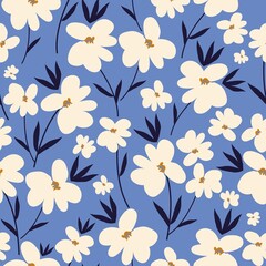 Simple vintage pattern. White flowers and dark blue leaves. blue background. Fashionable print for textiles and wallpaper.