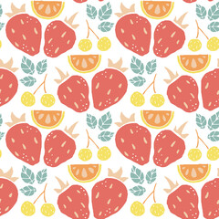 Colorful Summer Vector pattern with strawberries, lemons and cherries