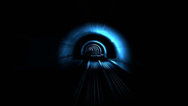The train rides in subway. Driving through the illuminated tunnel. Underground.