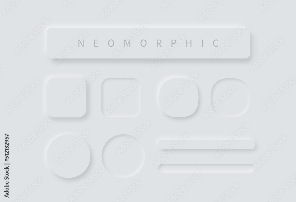 Poster Set of vector buttons in neomorphism style. Soft design elements for UI. White neomorphic buttons for apps, webs, interfaces.