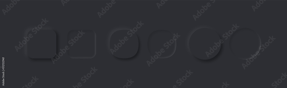 Poster Set of dark vector buttons in neomorphism style. Black soft design elements for UI. Neomorphic buttons for apps, webs, interfaces.