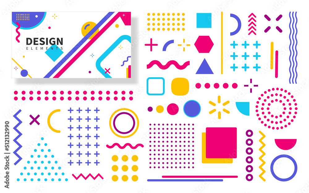 Poster Set of geometric shapes with design template. Bright trendy design elements Memphis style for use in banner, poster, advertisement, magazine, web, billboard, leaflet. Vector geometric shapes.