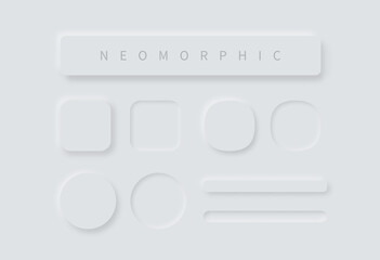 Set of vector buttons in neomorphism style. Soft design elements for UI. White neomorphic buttons for apps, webs, interfaces.