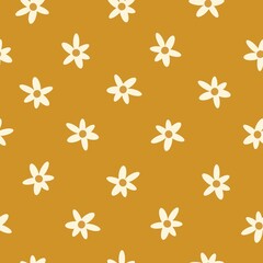 Simple vintage pattern.  Cute white flowers . mustard background. Fashionable print for textiles and wallpaper.