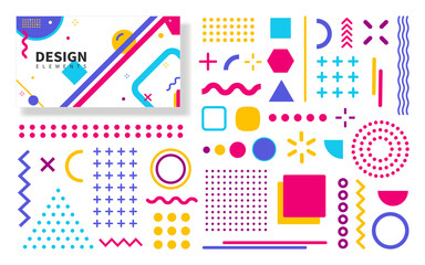 Set of geometric shapes with design template. Bright trendy design elements Memphis style for use in banner, poster, advertisement, magazine, web, billboard, leaflet. Vector geometric shapes.