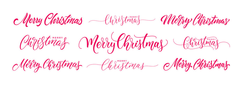 Merry christmas hand drawn lettering. Xmas script calligraphy. Set of drawn lettering for Christmas. Xmas holiday design, calligraphy. Vector illustration