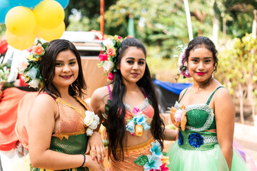 Latin teenagers dressed in classic carnival costume during an agriculture and harvest festival in Masaya Nicaragua
