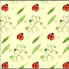 Spring pattern with ladybug and lily of the valley