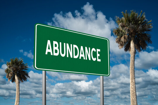 Highway sign with the word Abundance on a beautiful blue sky background with palm trees.  Motivational concept for finding what we want on the journey of life.