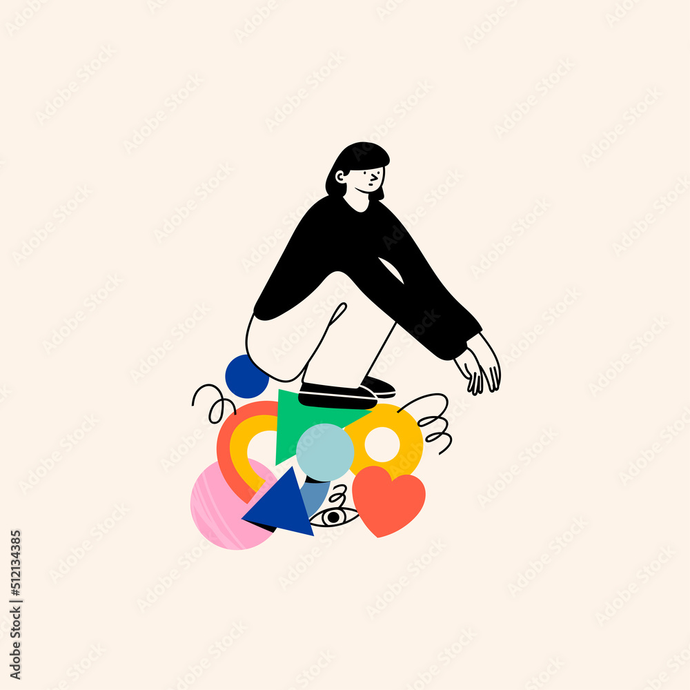 Sticker person sitting on various geometric shapes. outline character, colorful abstract figures. hand drawn