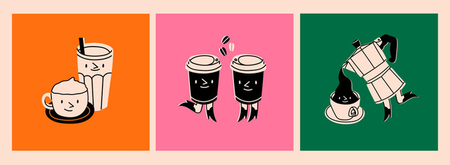 Moka pot, coffee cups with legs in boots. Cup and glass with faces. Logo, icon, coffee shop, menu design templates. Cute cartoon style characters. Three hand drawn isolated Vector illustrations - 512134369