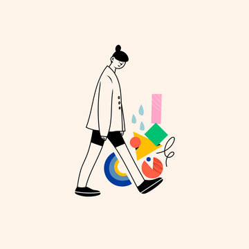 Person walking with various geometric shapes. Outline character, colorful abstract figures. Hand drawn modern Vector illustration. Isolated icon. Logo, print, poster template
