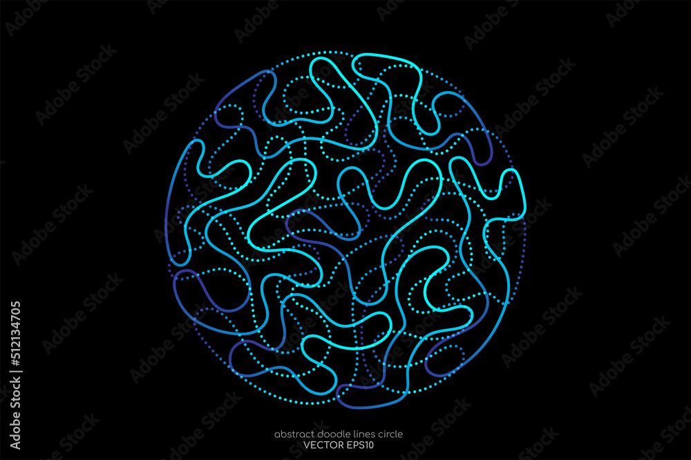 Poster abstract doodle line in circle shape by blue green light line like brain. vector illustration in con