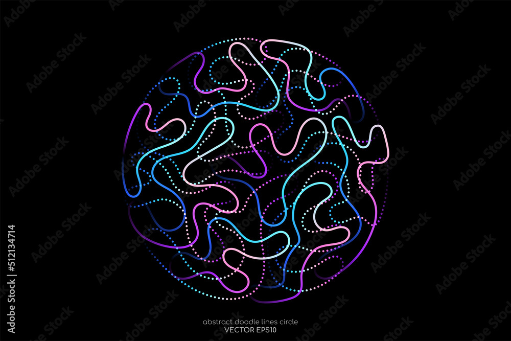 Poster Abstract doodle line in circle shape by colorful spectrum light line like brain. Vector illustration in concept of creative, brain, A.I. technology.