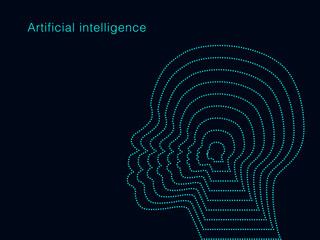 Artificial intelligence concept with human head shape in light dots pattern in blue color on dark background. Vector concept of technology, communication, digital, ai, science.