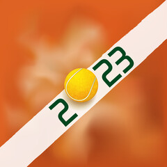 Carte de vœux sur le thème du tennis pour l’année 2023, montrant une balle frappant une ligne blanche d’un terrain en terre battue. - obrazy, fototapety, plakaty