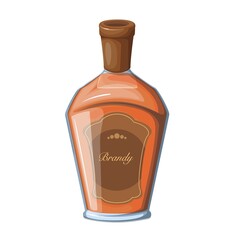 Rum in bottle, alcohol drink for summer cocktail vector illustration. Cartoon orange bottle with label from bar, strong alcoholic liquid