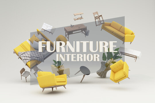 interior design concept Sale of home decorations and furniture During promotions and discounts, it is surrounded by beds, sofas, armchairs and advertising spaces banner. pastel background. 3d render