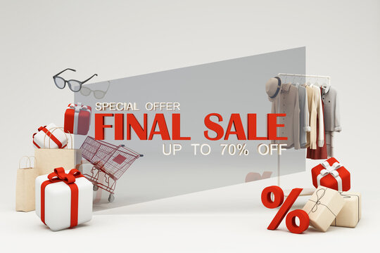 fashion clothes During online shopping promotions and discounts will be surrounded by shirts, shoes, sunglasses and gift boxes and packages with advertising space banner pastel background 3d rendering