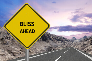 Yellow highway sign with the word Bliss and a metaphoric road leading to future success.