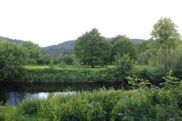 View of a river going through Snowdonia national park showing a beautiful calm flowing river and trees and forests in the distant background