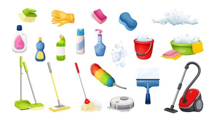 Household cleaning products, equipment and tools for cleanup set vector illustration. Cartoon isolated bottles with detergent, broom and squeegee to clean house, sponge and gloves for housekeeper