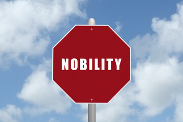 The word Nobility on a red stop sign.