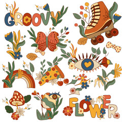 Positive compositions 70s groovy element, rollers skate with flowers and leaves, mushrooms with eye, rainbows, pizza and lettering. Colorful vintage hippy style. Vector illustration