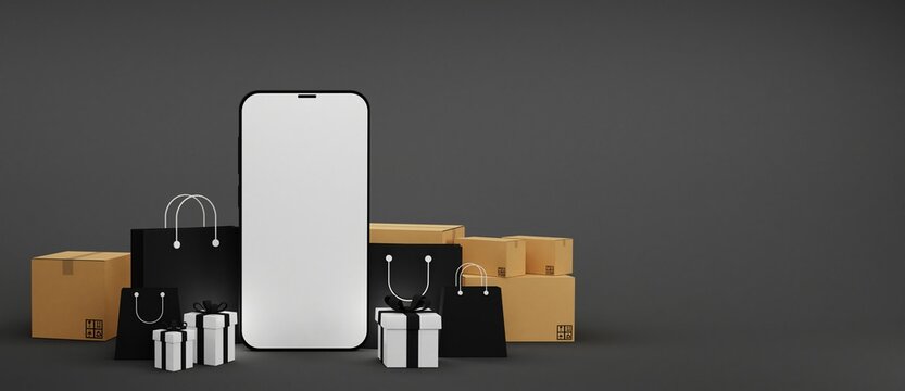 black background online shopping on social media app. 3d white screen Smartphone with shopping bag gift box paper bag packing box, suitable for promotion of digital stores,3d illustration