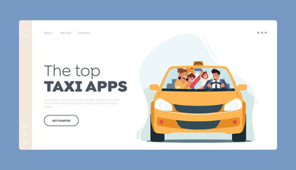 The Top Taxi Apps Landing Page Template. Family Characters Mother and Children Using Taxi Automobile Vector Illustration