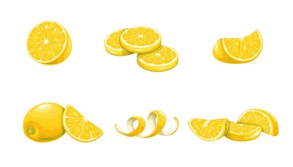 Lemon set vector illustration. Cartoon whole summer citrus fruit, cut in half, lemon slices and pieces for lemonade, yellow swirl zest, isolated fresh and sour food ingredient for cooking and eating
