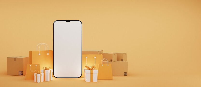 Yellow background online shopping on social media app. 3d white screen Smartphone with shopping bag gift box paper bag packing box, suitable for promotion of digital stores,3d illustration